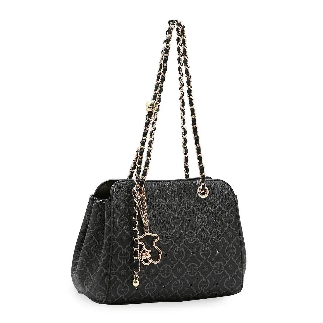 Bolsa feminina Chenson Classic Cristal Ombro preta com alça de corrente dourada e pingente metálico
